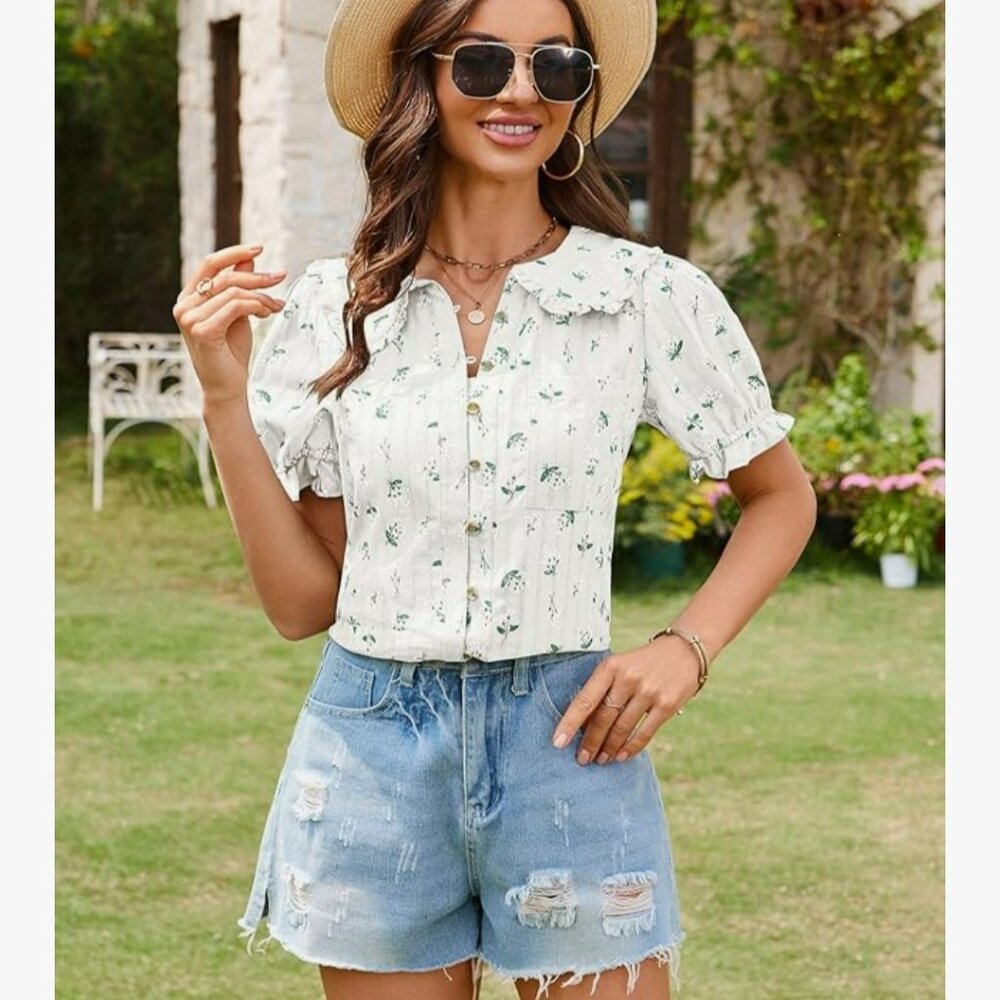 Ecowish Short Sleeve Button Down Peter Pan Collar- Size XL - Picture 5 of 10